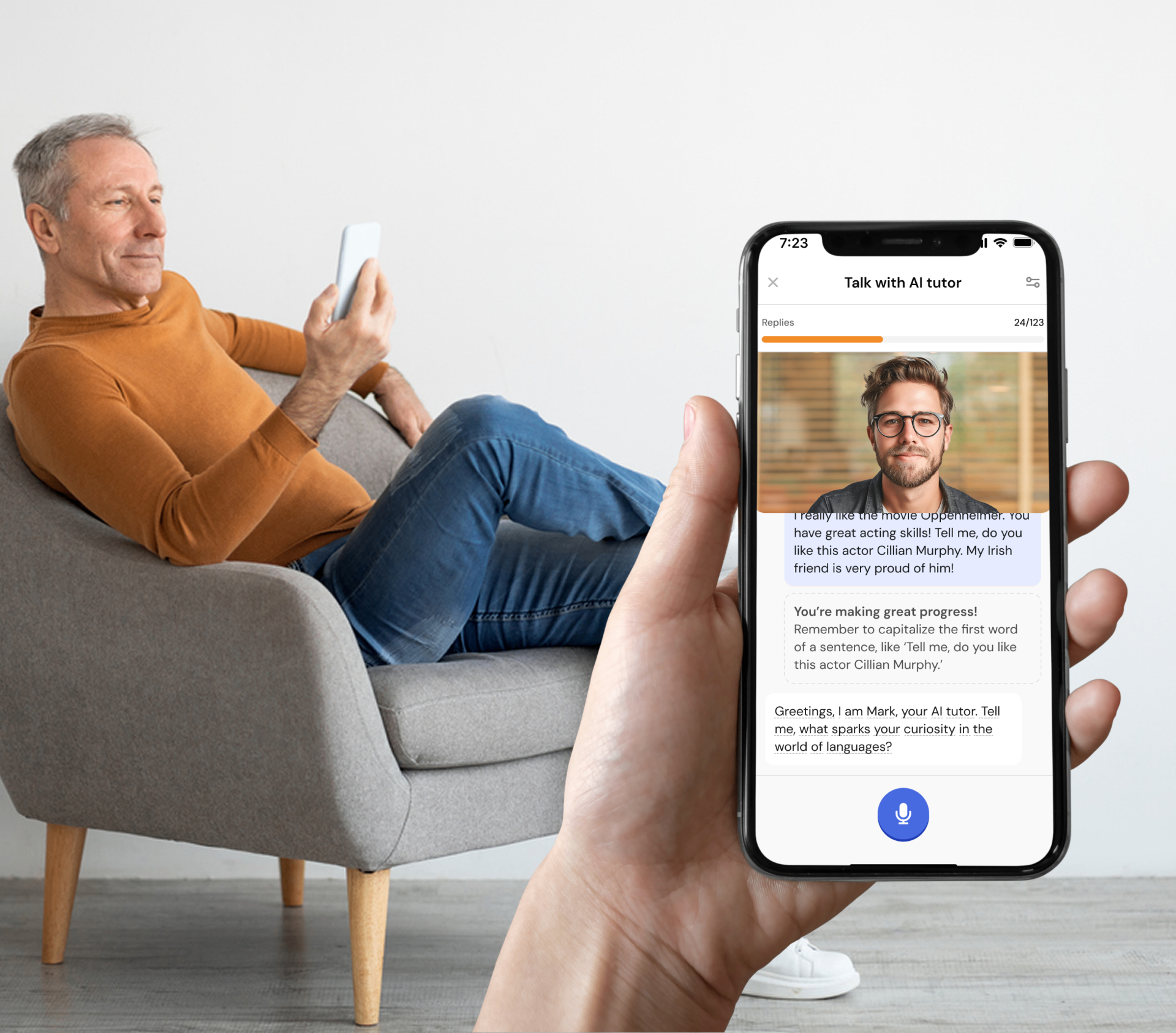 A relaxed man on his sofa using the MakesYouFluent AI tutor on his phone