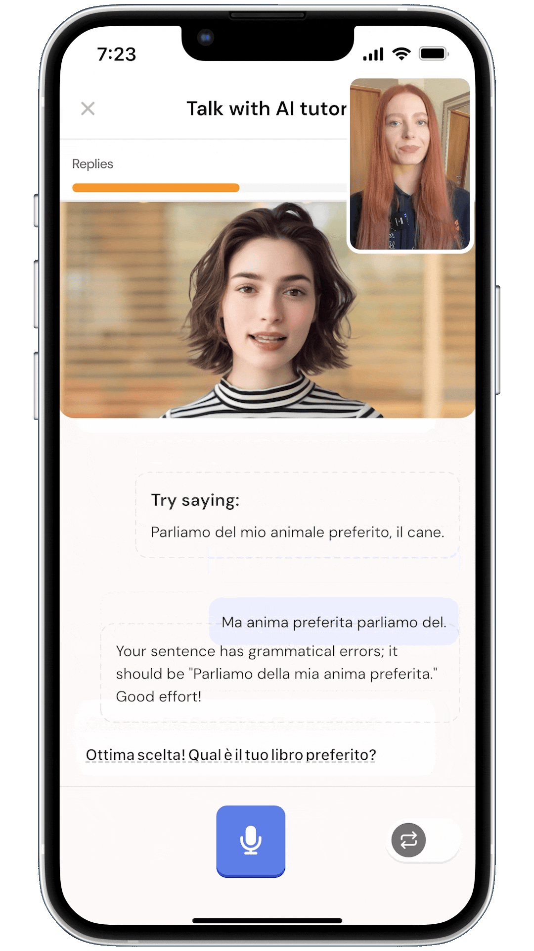 AI tutor giving instant pronunciation and grammar feedback during a conversation
